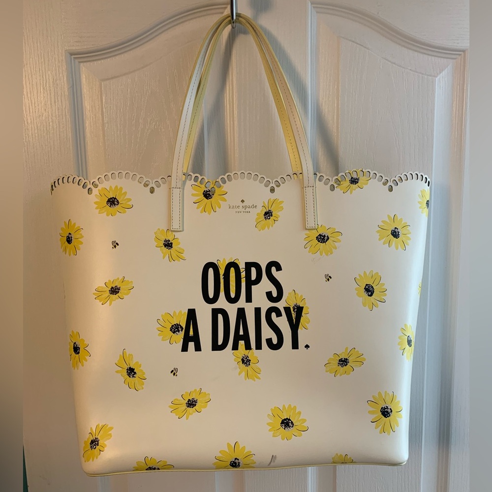 Kate Spade White and Yellow Leather Daisy Tote Bag